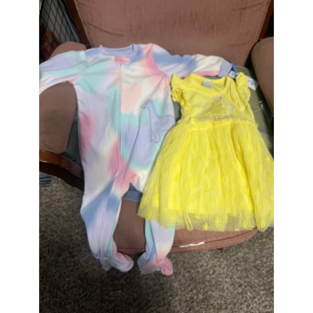 Carter's Baby Girl 18M Tie Dye Dinosaur Sleeper and Yellow Easter Chick Dress